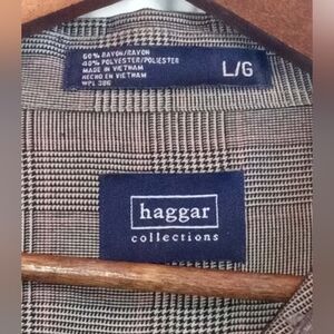 Haggar Large Soft Brown Black Glen Plaid Button-Down Shirt Office Casual Office